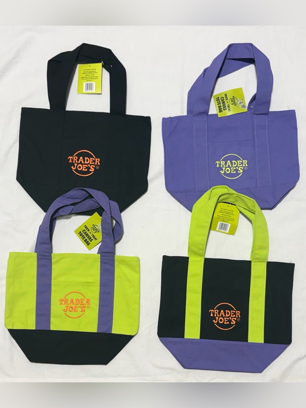 Trader Joe's Trick or Treat Mini Canvas Tote Bag Set 4 Pack Halloween